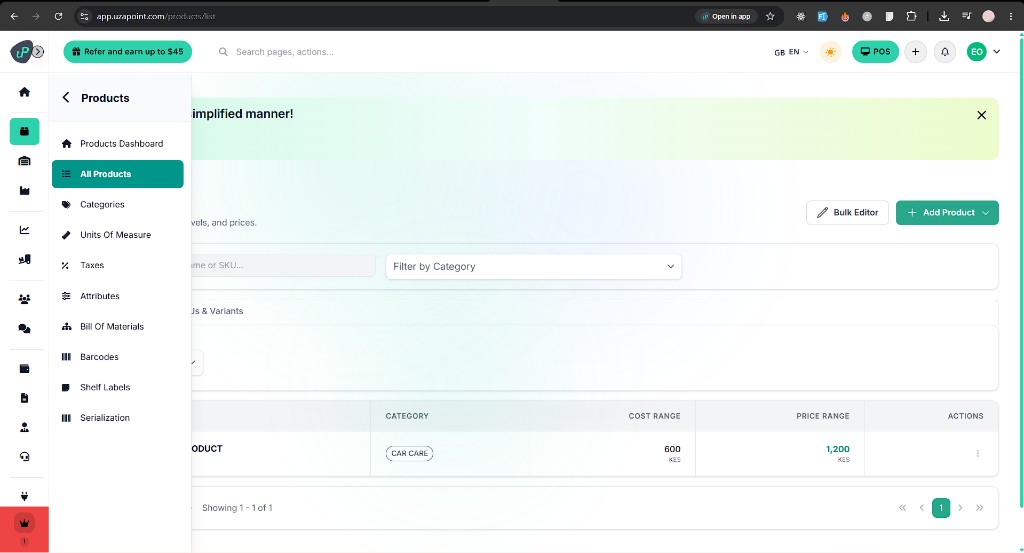 Uzapoint inventory management screen