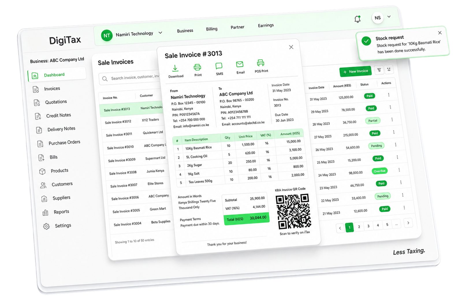 DigiTax dashboard for managing tax-compliant invoices