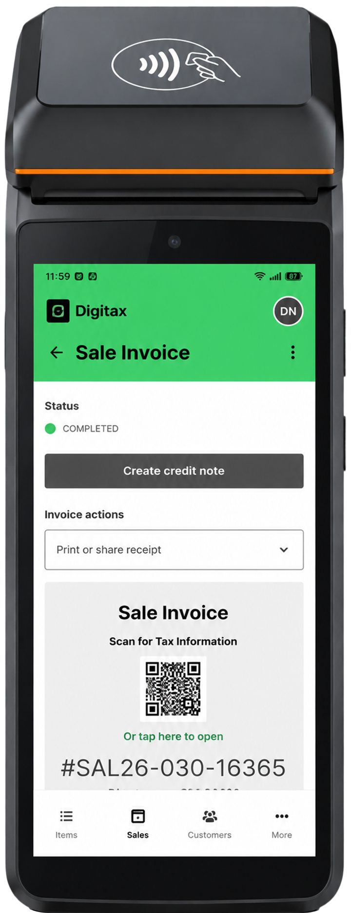 DigiTax mobile POS issuing a compliant receipt